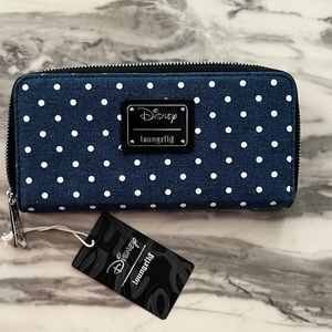 Disney Loungefly wallet blue with white polka dots and black bow